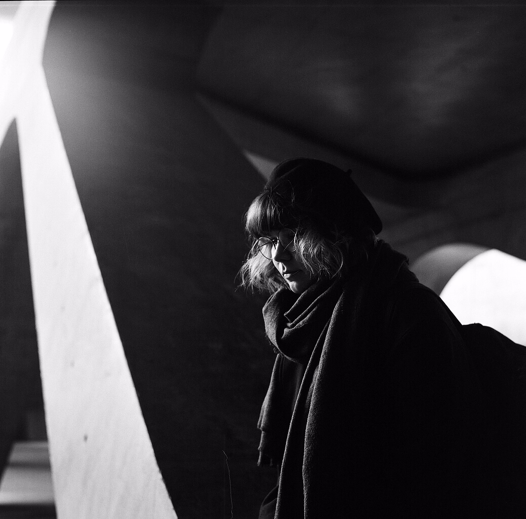 a black and white photo of my friend Sanna in Seoul. shot with a Yashica Mat 124G, Tmax 400